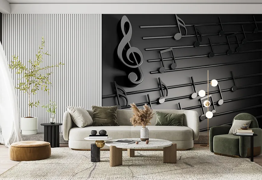 کاغذ دیواری 3 بعدی طرح نت های موسیقی