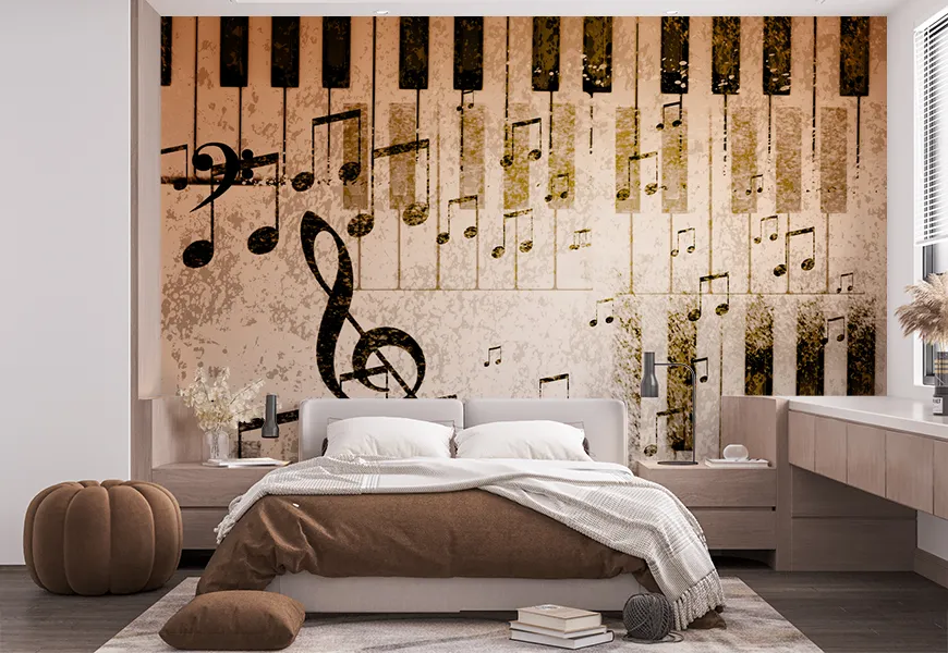کاغذ دیواری سه بعدی طرح نت های موسیقی و کیبورد پیانو