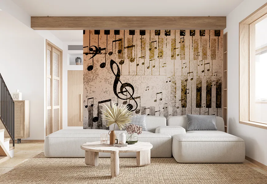 کاغذ دیواری سه بعدی طرح نت های موسیقی و کیبورد پیانو