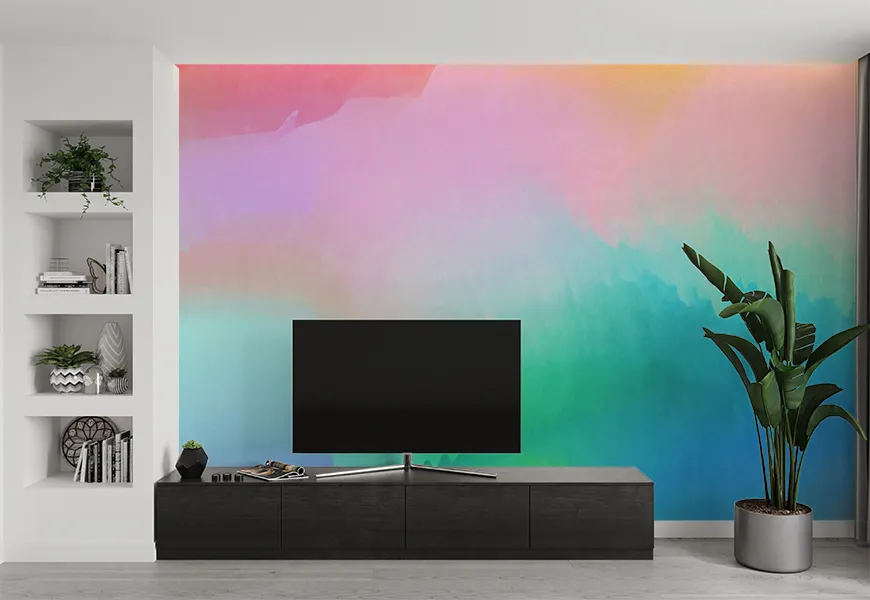 پوستر دیواری سه بعدی پشت تلویزیون آبرنگی پس زمینه رنگارنگ