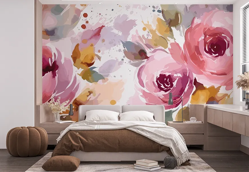 پوستر نقاشی آبرنگ اتاق خواب طرح گل رز بزرگ