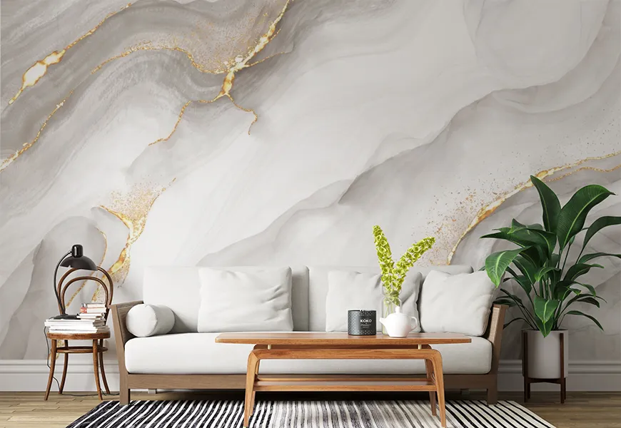 کاغذ دیواری ساده و شیک طرح سنگ مرمر سفید با رگه های طلایی
