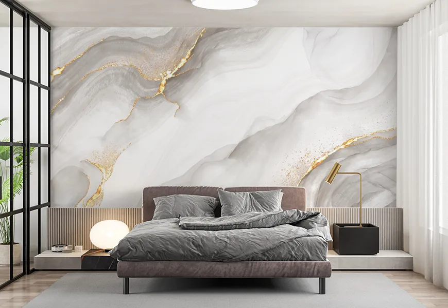 کاغذ دیواری ساده و شیک طرح سنگ مرمر سفید با رگه های طلایی
