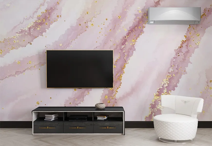 پوستر ساده پشت تلویزیون طرح سنگ ماربل مدرن تزیین شده با موجهای طلایی