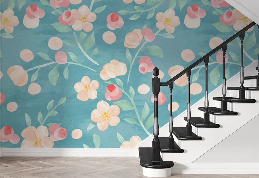 پوستر نقاشی راه پله طرح الگوی گل و برگ