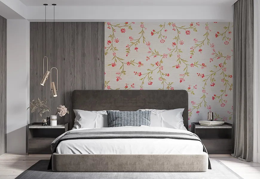 پوستر سه بعدی با زمینه سنگ بتنی اتاق خواب زن و شوهر طرح گل
