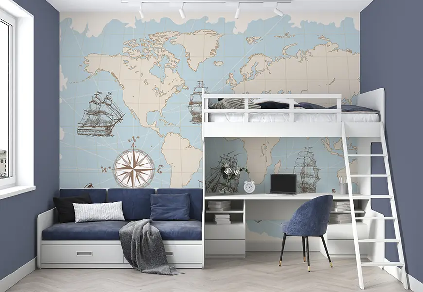 کاغذ دیواری نقشه جهان، لنگر و کشتی های بادبانی