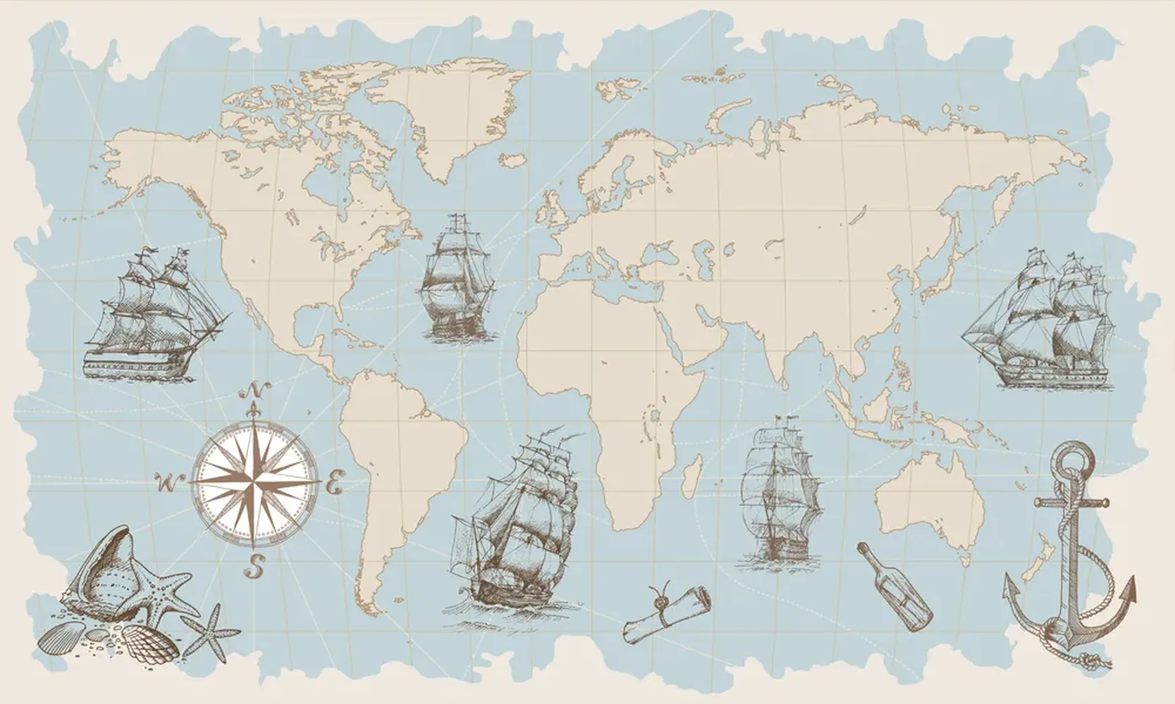 کاغذ دیواری نقشه جهان، لنگر و کشتی های بادبانی