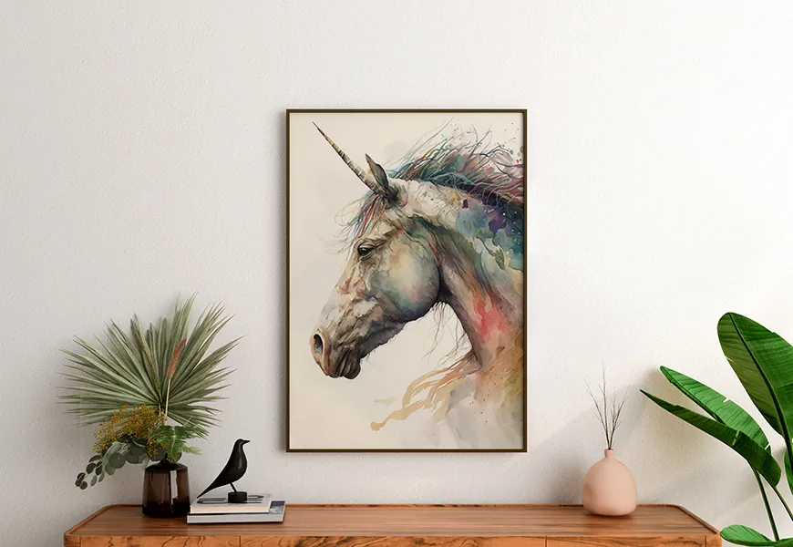 پوستر نقاشی آبرنگ کارتون یونیکورن اسب تک شاخ