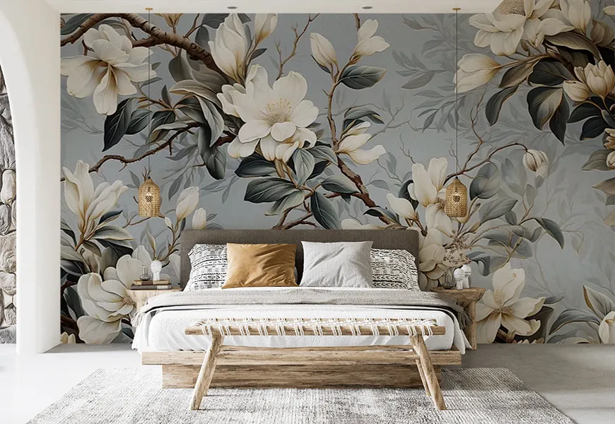 کاغذ دیواری نقاشی طرح شاخه گل های وحشی جنگل