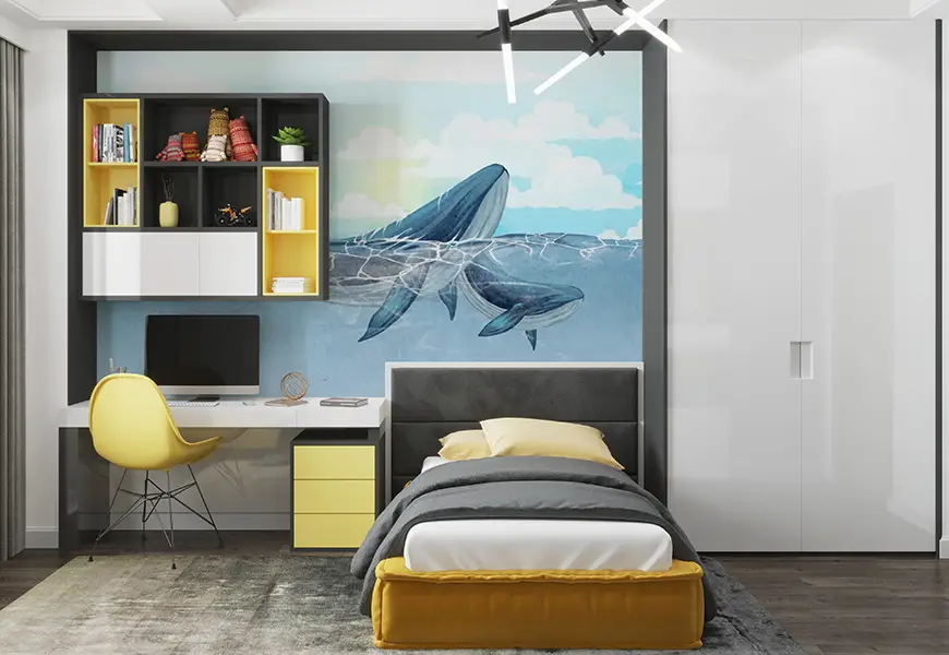 پوستر دیواری نقاشی رقص نهنگ ها در دریای آبی