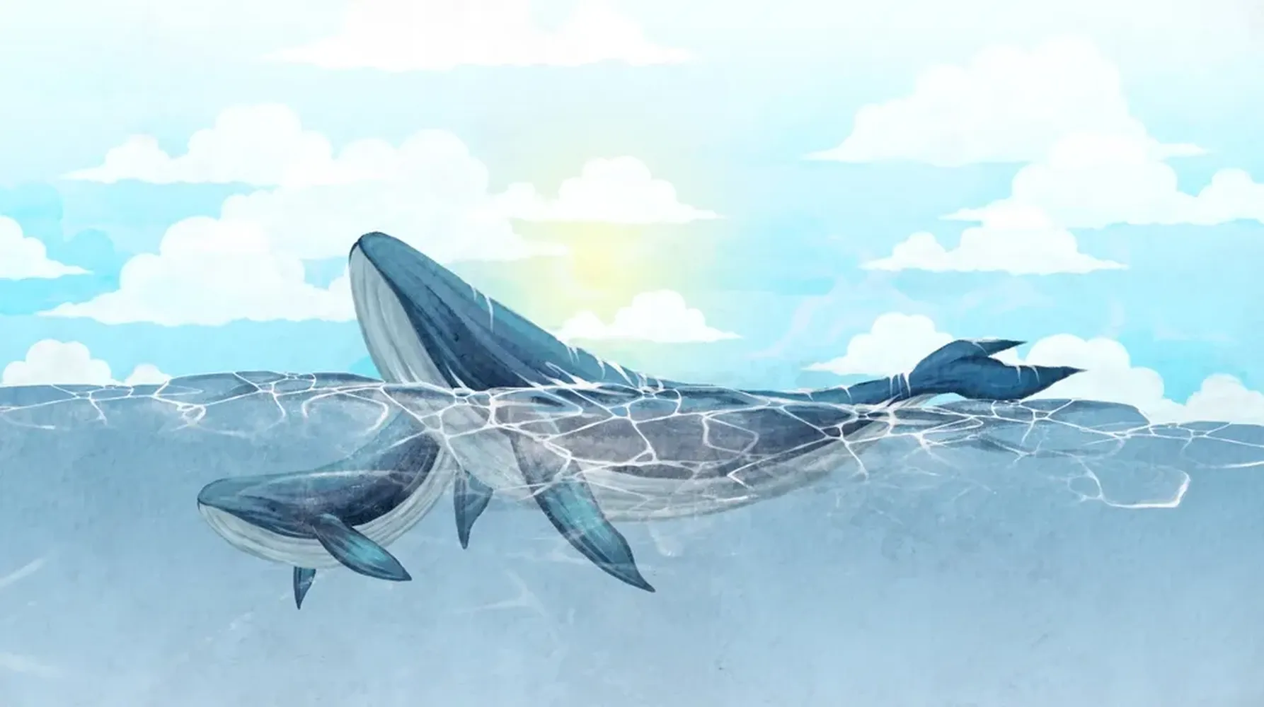 پوستر دیواری نقاشی رقص نهنگ ها در دریای آبی