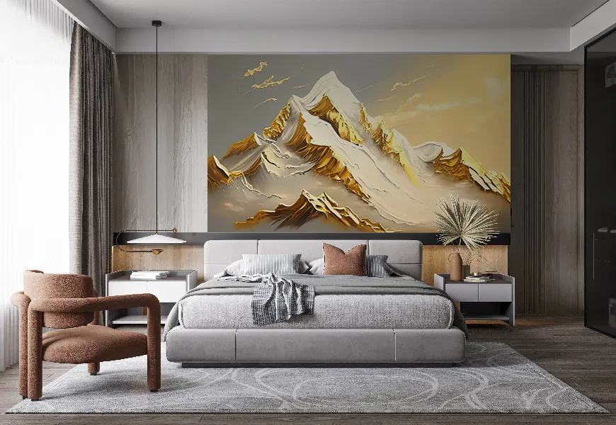 پوستر 3 بعدی لاکچری اتاق خواب طرح کوههای طلایی رنگ و روغن