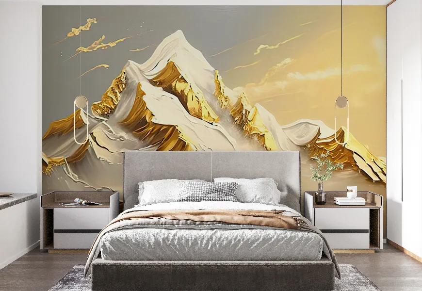 پوستر 3 بعدی لاکچری طرح کوههای طلایی رنگ و روغن