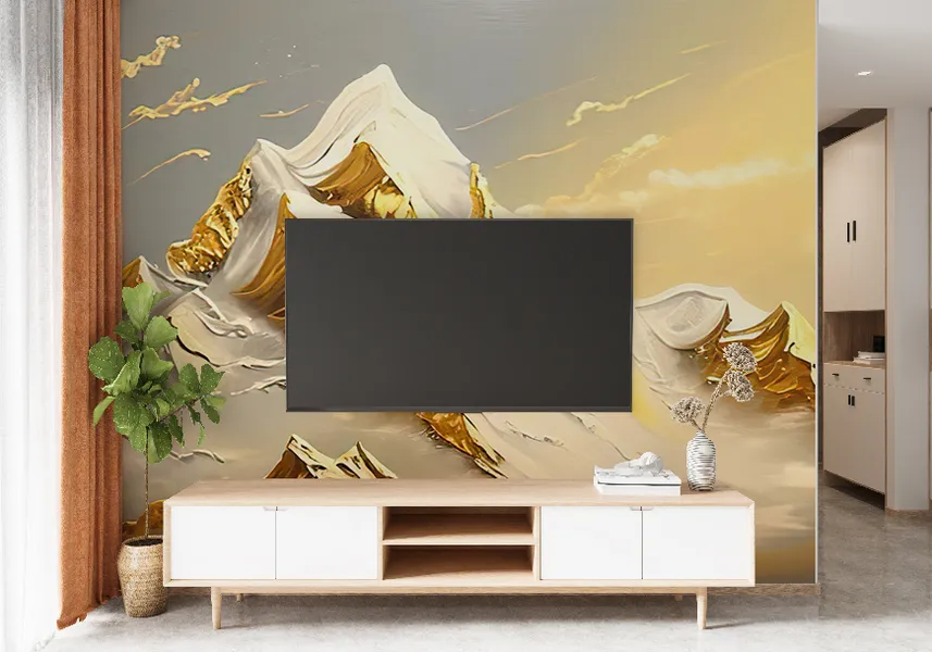 پوستر 3 بعدی لاکچری طرح کوههای طلایی رنگ و روغن