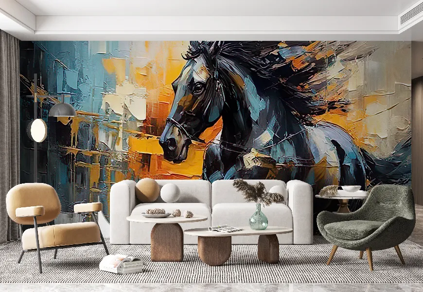 پوستر سه بعدی حیوانات، نقاشی اسب مشکی رنگ و روغن