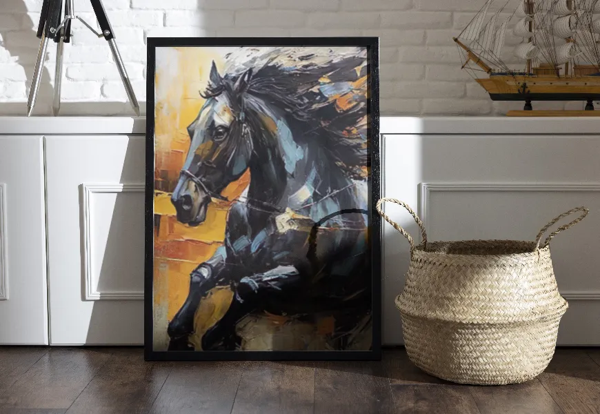 پوستر سه بعدی طرح اسب مشکی رنگ و روغن