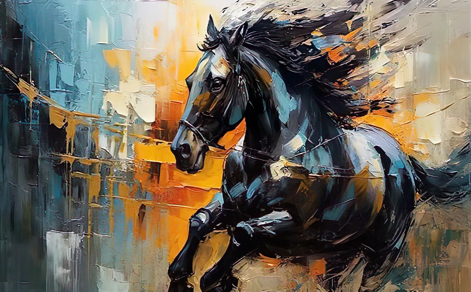 پوستر سه بعدی طرح اسب مشکی رنگ و روغن