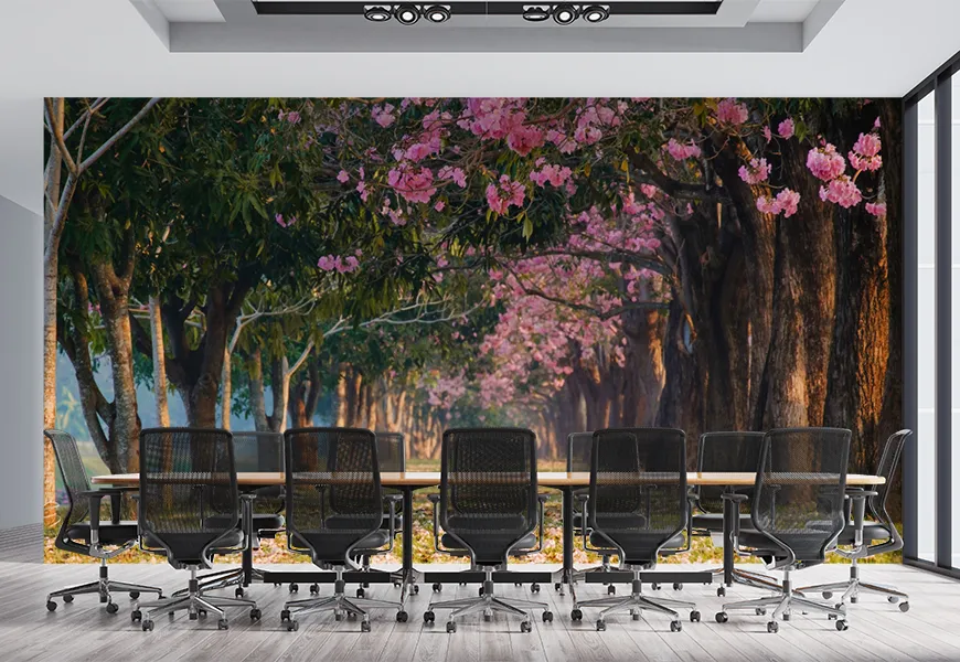 کاغذ دیواری 3 بعدی طبیعت جاده درختان با شکوفه های صورتی