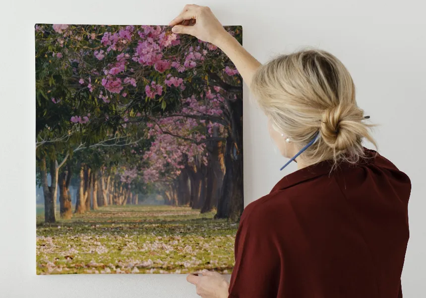 کاغذ دیواری 3 بعدی طبیعت جاده درختان با شکوفه های صورتی