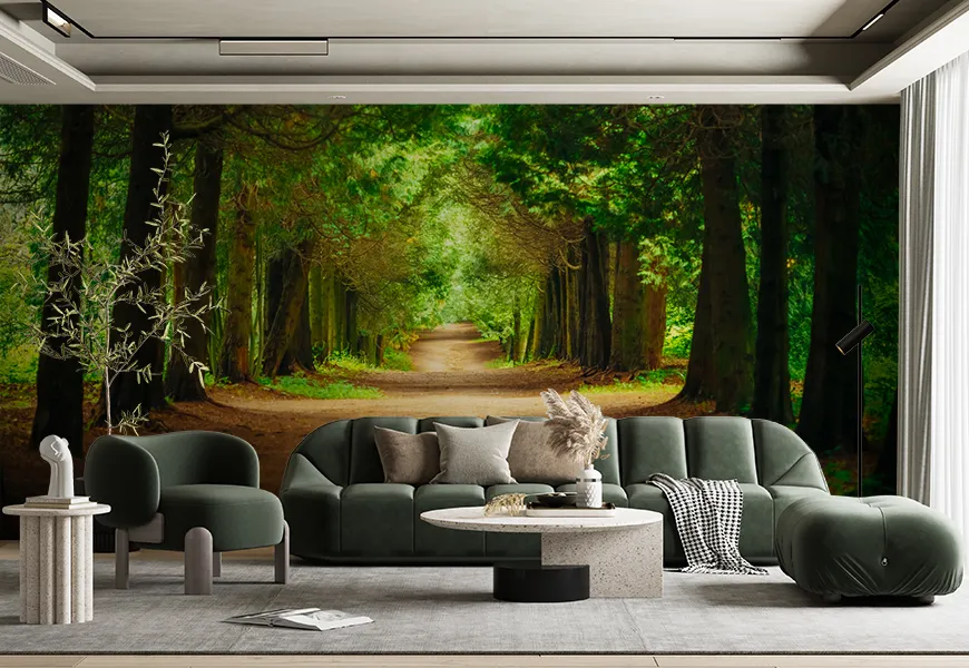 پوستر دیواری 3 بعدی طبیعت لاین درختان سبز