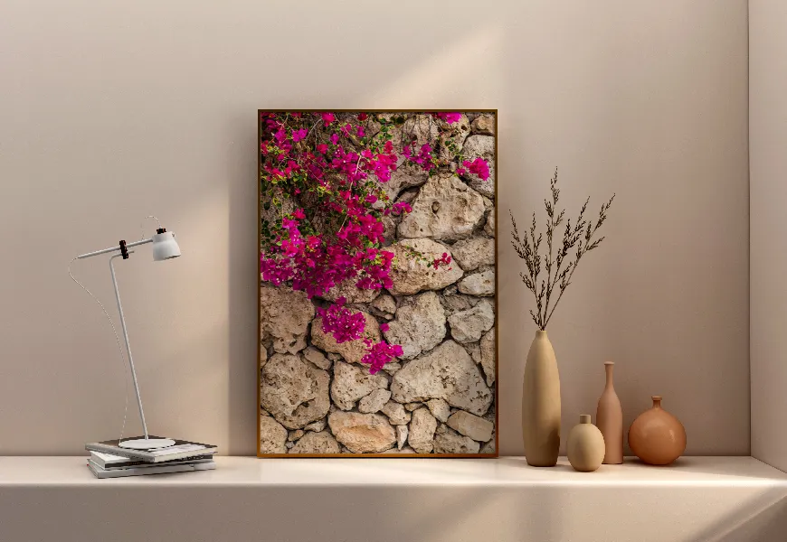 کاغذ دیواری 3 بعدی طرح دیوار سنگی پر گل