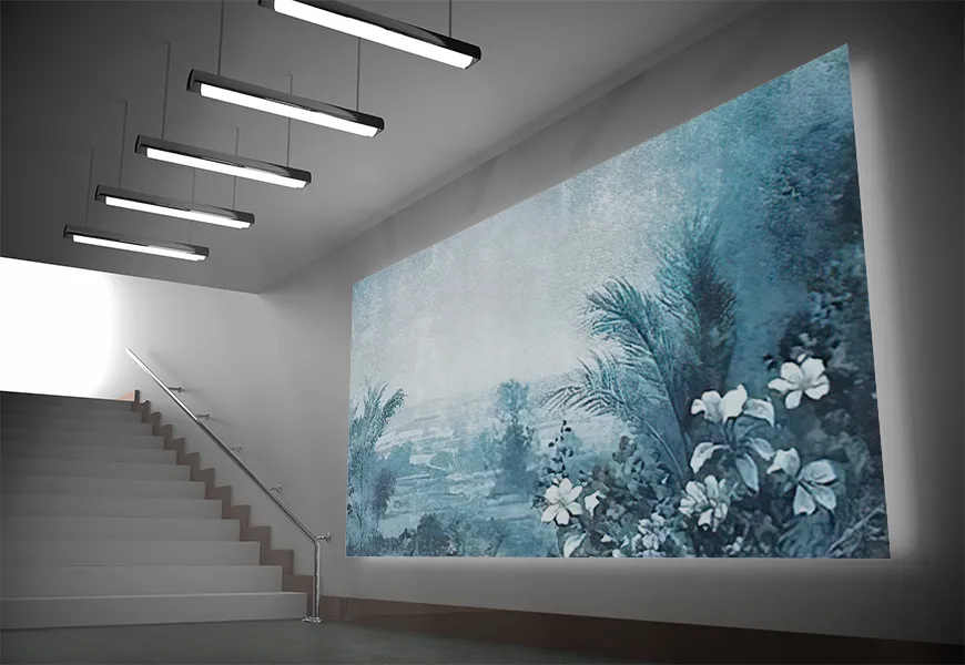 کاغذ دیواری منظره طرح بوته های جنگل با زمینه آبی