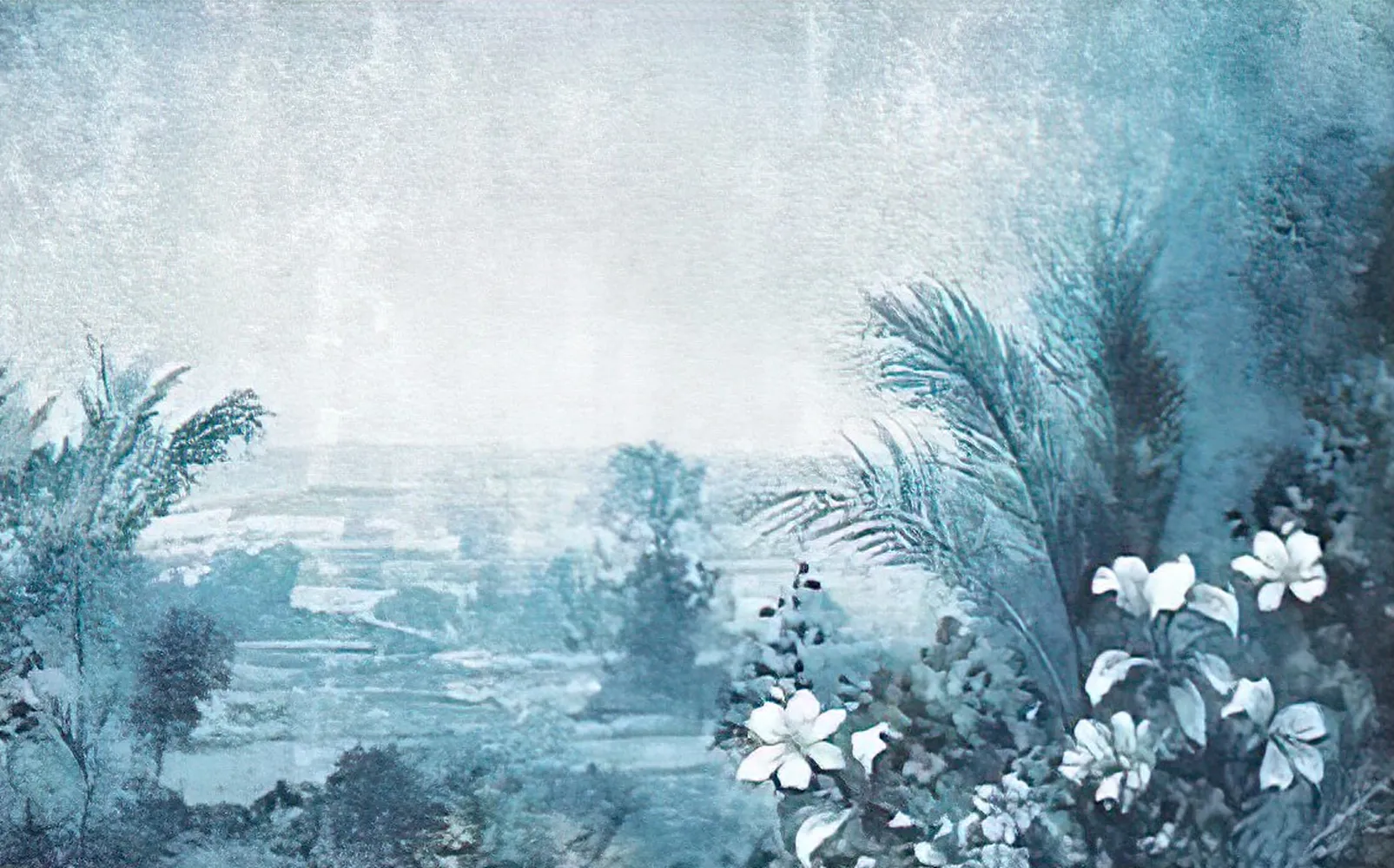 کاغذ دیواری منظره طرح بوته های جنگل با زمینه آبی