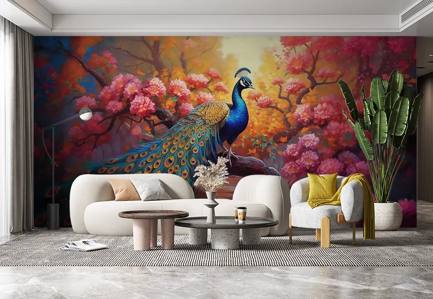 پوستر سه بعدی طرح طاووس با گل های ژاپنی
