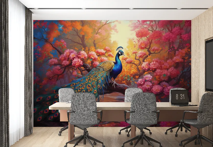 پوستر سه بعدی طرح طاووس با گل های ژاپنی