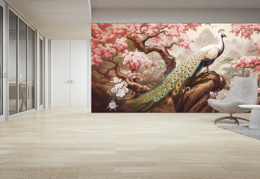 کاغذ دیواری 3 بعدی حیوانات طرح طاووس زیبای ژاپنی