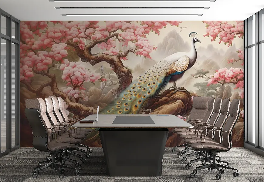 کاغذ دیواری 3 بعدی حیوانات طرح طاووس زیبای ژاپنی
