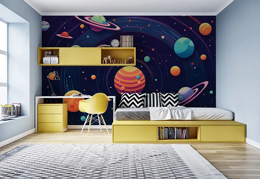 کاغذ دیواری سه بعدی پسرانه نقاشی کهکشانی