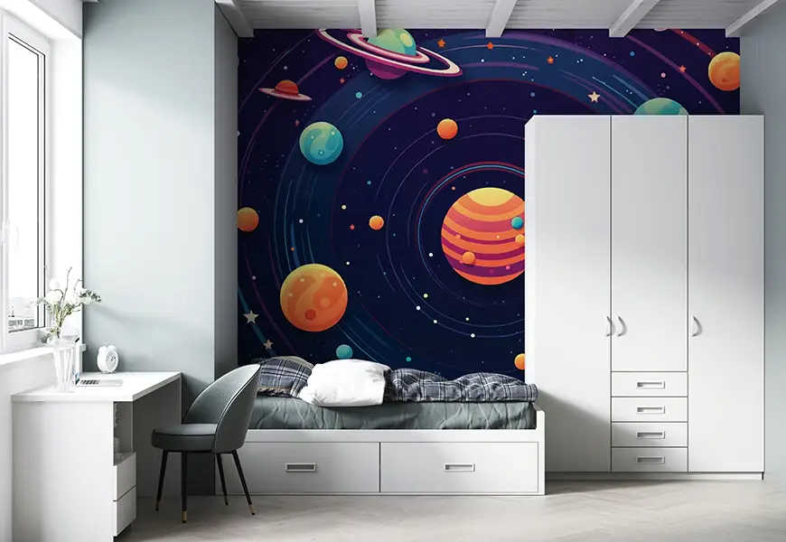 کاغذ دیواری سه بعدی پسرانه نقاشی کهکشانی