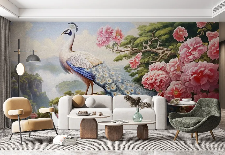 پوستر دیواری 3 بعدی طرح طاووس زیبا در دره های ژاپن