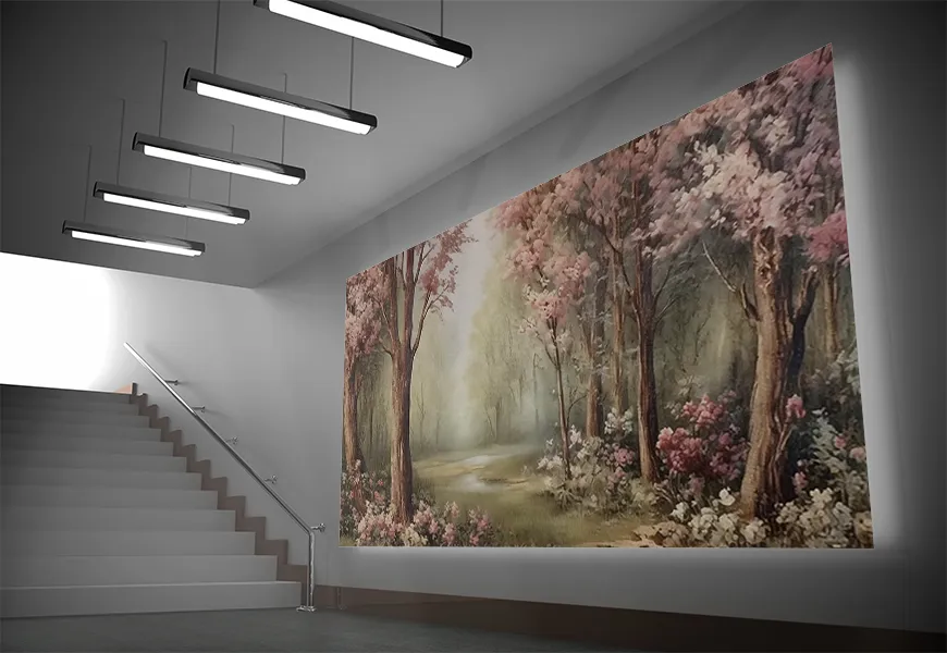 پوستر 3 بعدی نقاشی طرح چشم انداز درختان جنگل گرمسیری