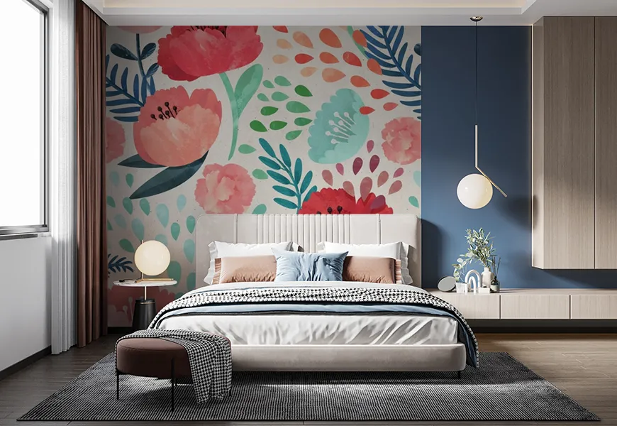 کاغذ دیواری 3 بعدی اتاق خواب باطرح گلها و برگهای گرمسیری