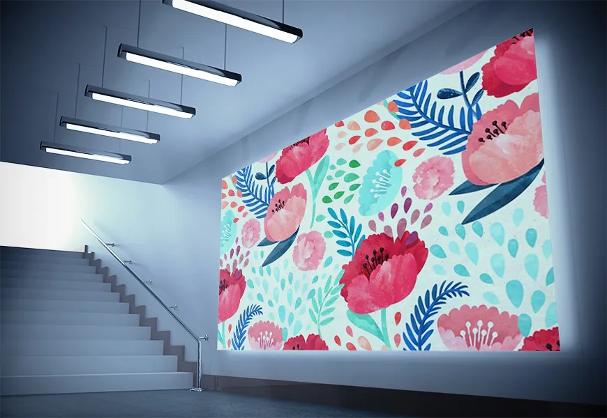 کاغذ دیواری 3 بعدی راهرو باطرح گلها و برگهای گرمسیری