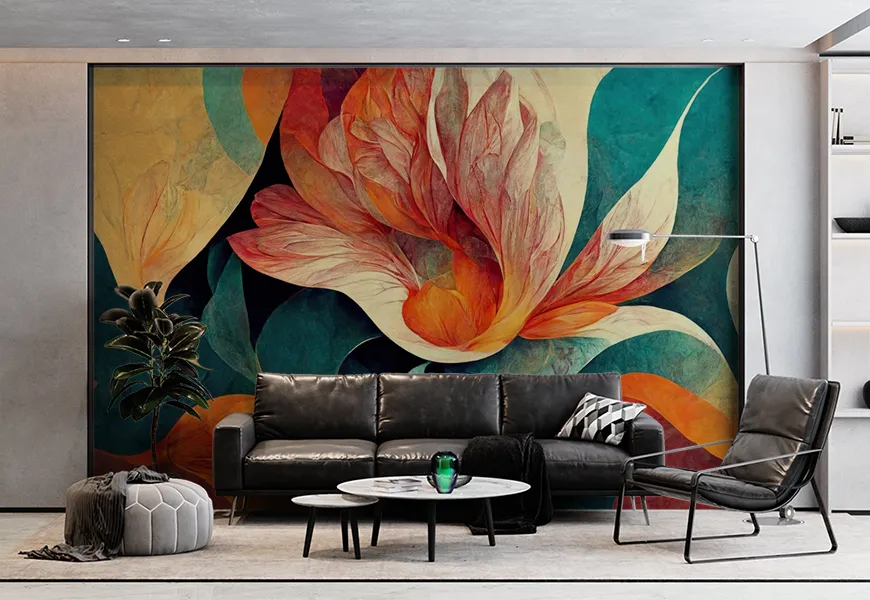 کاغذ دیواری 3 بعدی سالن پذیرایی با پس زمینه گل و رنگ های پاستلی