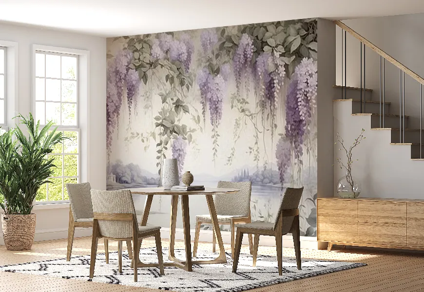 کاغذ دیواری 3 بعدی طرح درخت ویستریا با شکوفه های بنفش