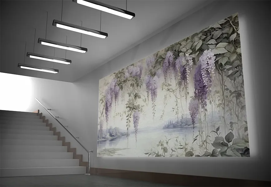 کاغذ دیواری 3 بعدی طرح درخت ویستریا با شکوفه های بنفش