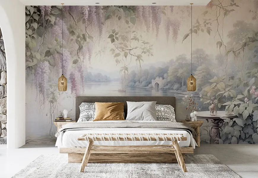 پوستر 3 بعدی اتاق خواب چشم انداز بسیار زیبای شکوفه های درختان ویستریا