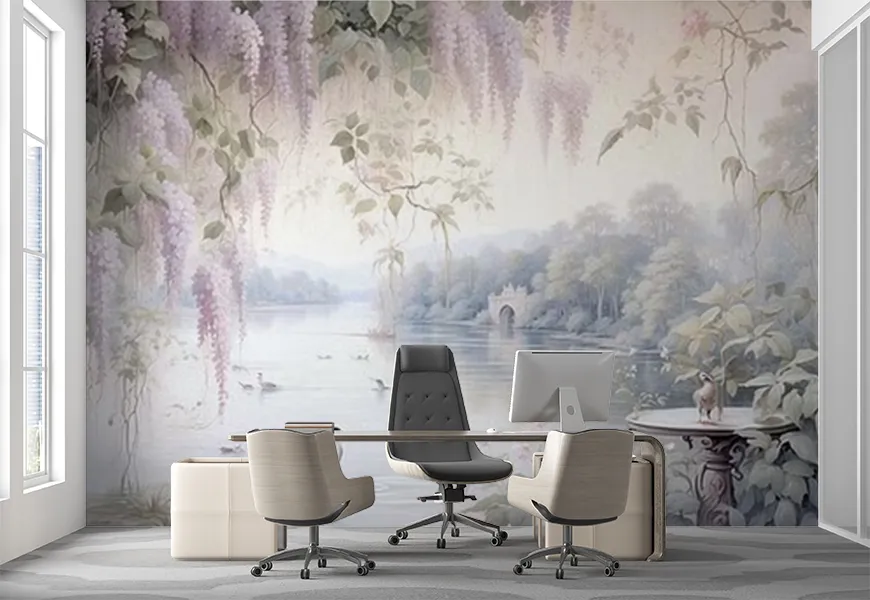 پوستر 3 بعدی چشم انداز بسیار زیبای شکوفه های درختان ویستریا