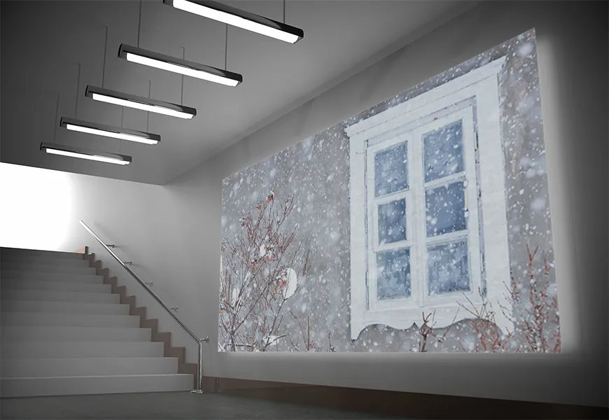 کاغذ دیواری 3 بعدی طرح گل ادریسی برقی و پنجره سفید