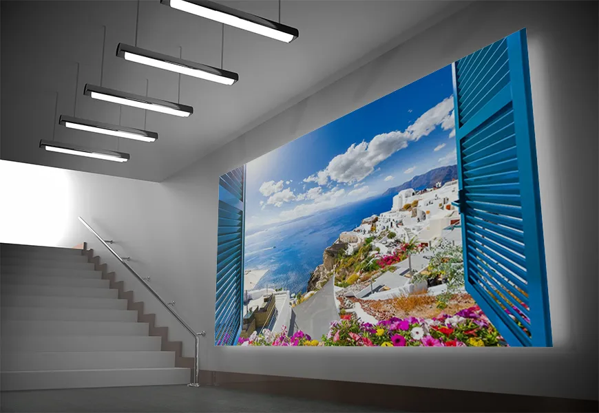 پوستر 3 بعدی طرح منظره پنجره باز استراحتگاه لوکس دریای اژه