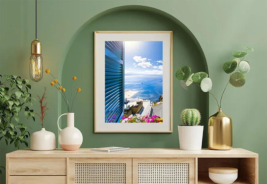 پوستر 3 بعدی طرح منظره پنجره باز استراحتگاه لوکس دریای اژه