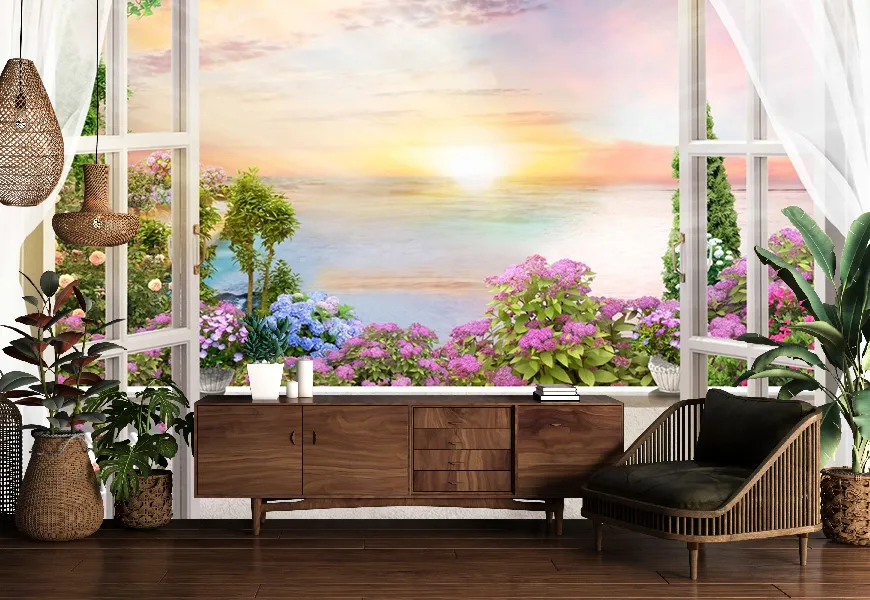 پوستر 3 بعدی چشم انداز زیبا از پنجره دریا باغ شکوفه