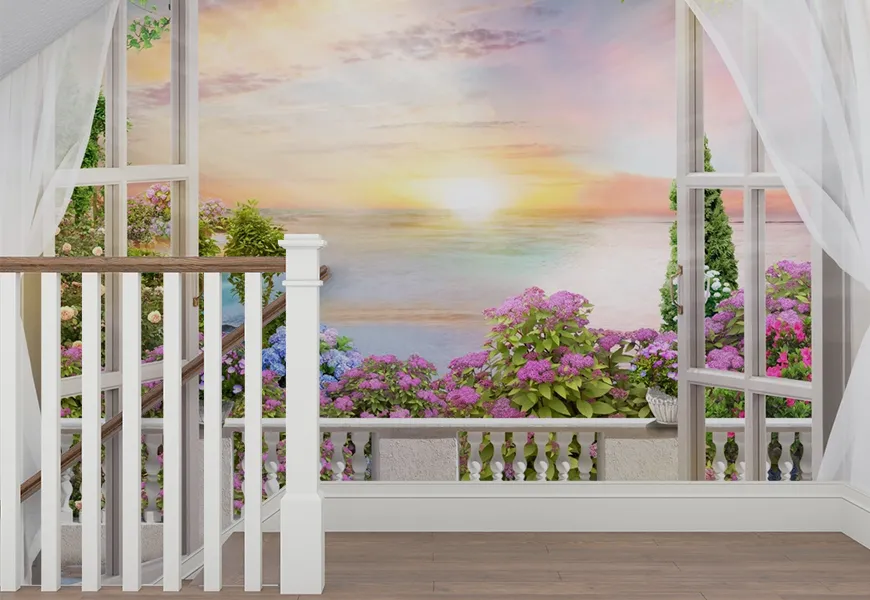 پوستر 3 بعدی چشم انداز زیبا از پنجره دریا باغ شکوفه