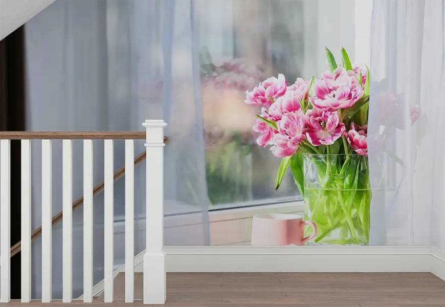 پوستر گلدان زیبای گل لاله و فنجانی چای پشت پنجره
