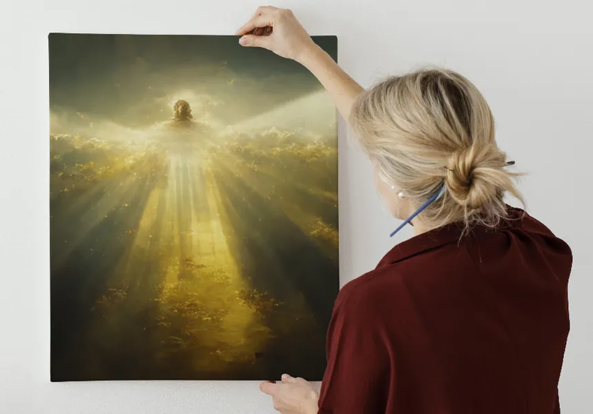 پوستر سه بعدی شکل فرشته آسمانی با ابرهای نورانی